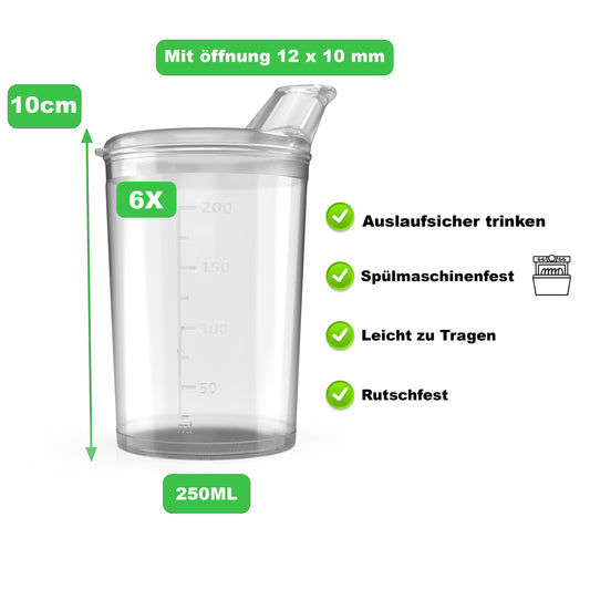 6x Schnabelbecher mit Deckel 250ml - 6x Becher mit 6x Deckeln Öffnung 12 x 10 mm