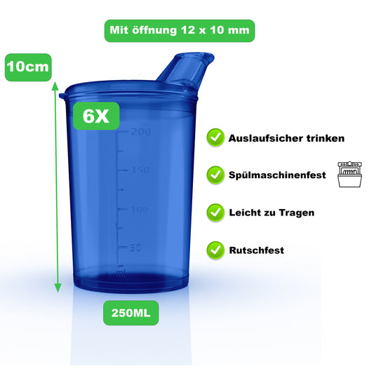 6x Schnabelbecher mit Deckel 250ml  Blau - 6x Becher mit 6x Deckeln Öffnung 12 x 10 mm