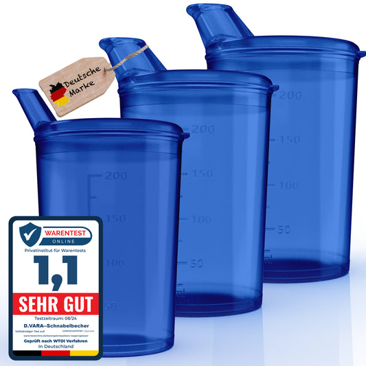 3x Schnabelbecher mit Deckel 250ml Blau - 3x Becher mit 3x Deckeln (2x mit Öffnung 12 x 10 mm u. 1 x mit Öffnung 4 x 4 mm)