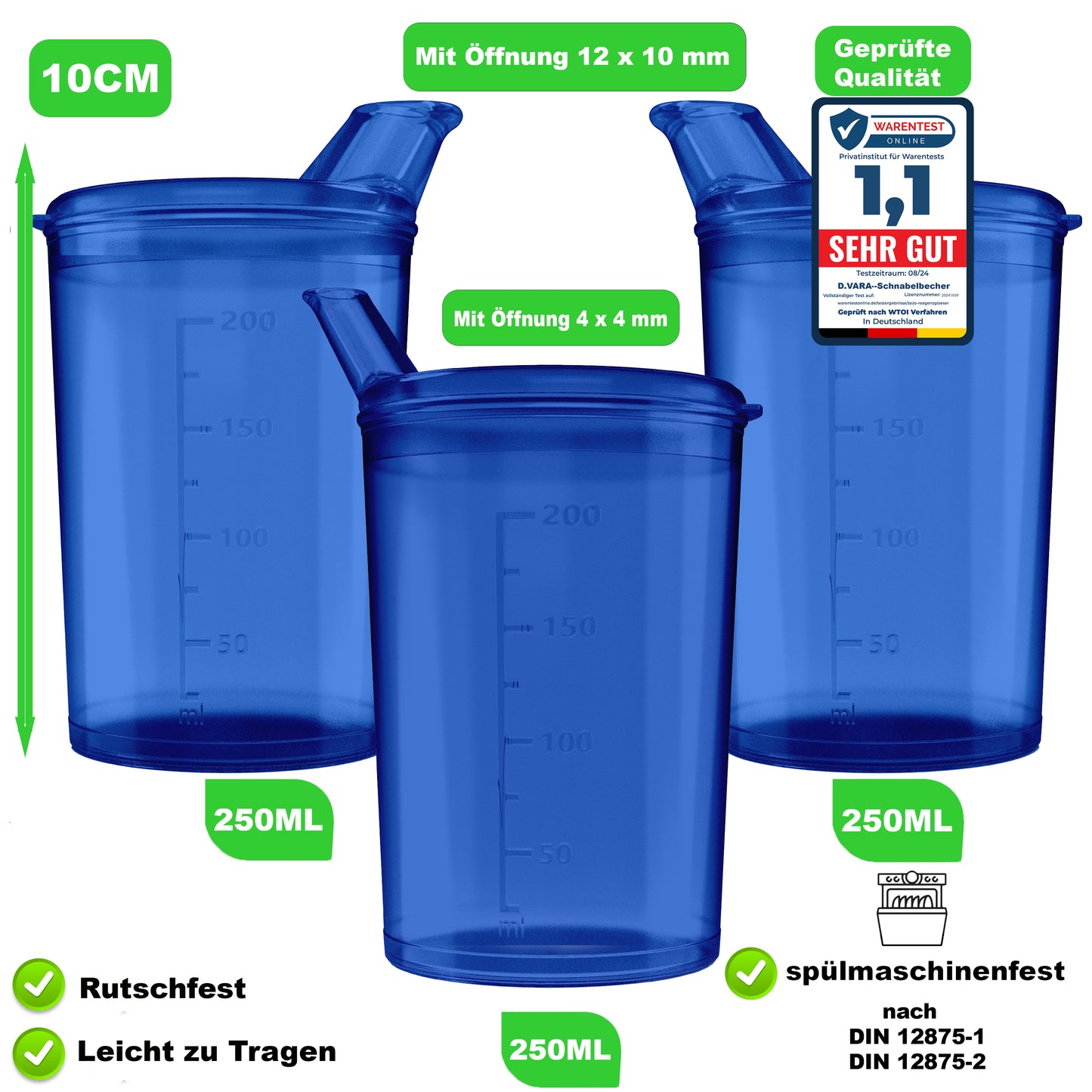 3x Schnabelbecher mit Deckel 250ml Blau - 3x Becher mit 3x Deckeln (2x mit Öffnung 12 x 10 mm u. 1 x mit Öffnung 4 x 4 mm)
