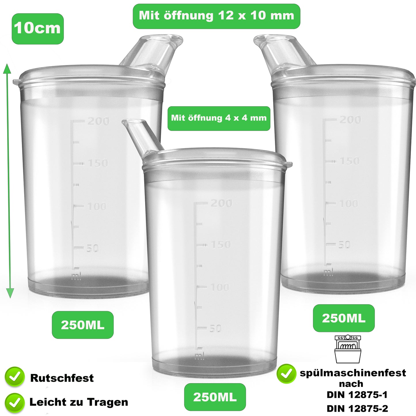 3x Schnabelbecher mit Deckel 250ml transparent -3x Becher mit 3x Deckeln (2x mit Öffnung 12 x 10 mm u. 1 x mit Öffnung 4 x 4 mm)