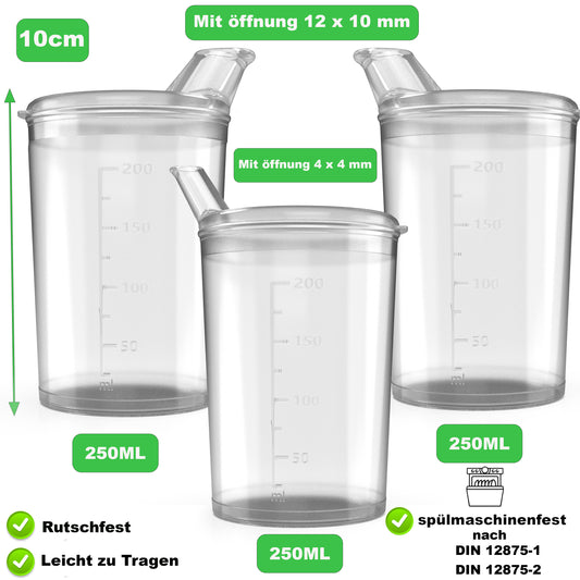 3x Schnabelbecher mit Deckel 250ml transparent -3x Becher mit 3x Deckeln (2x mit Öffnung 12 x 10 mm u. 1 x mit Öffnung 4 x 4 mm)