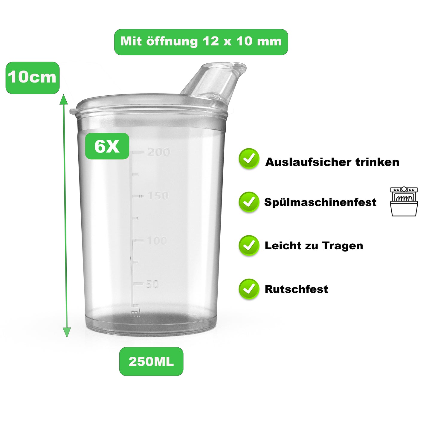 6x Schnabelbecher mit Deckel 250ml - 6x Becher mit 6x Deckeln Öffnung 12 x 10 mm